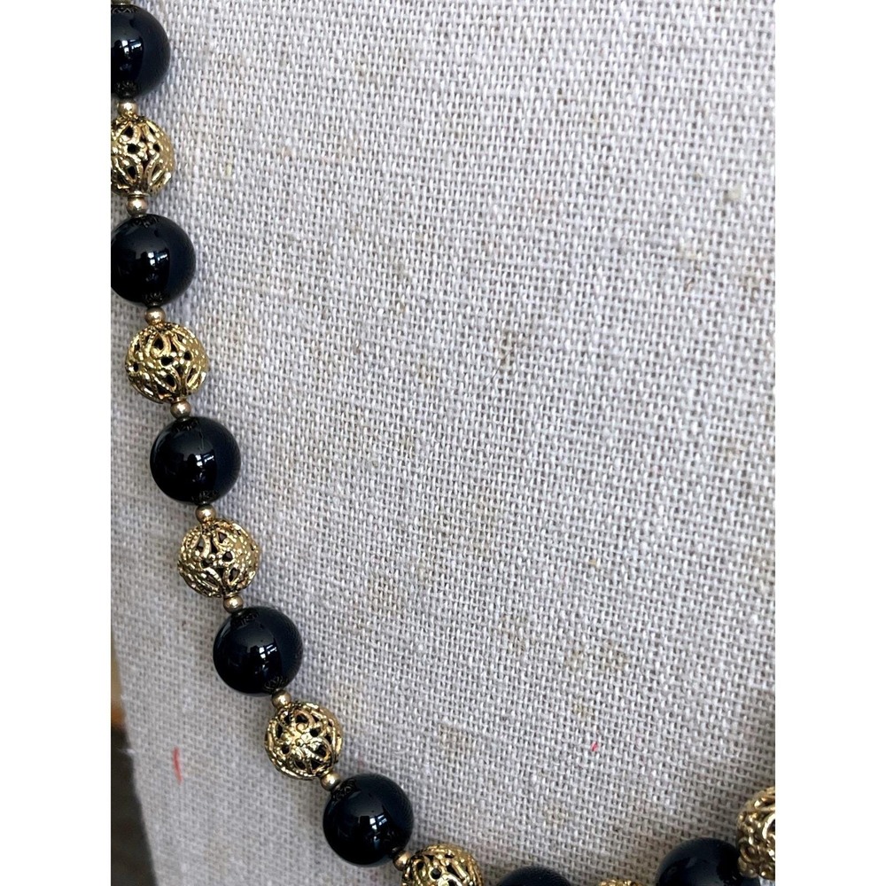 Vintage 28" Black Onyx & 4/20 Gold Filled Filigree Bead Statement Necklace 61g - Picture 2 of 7